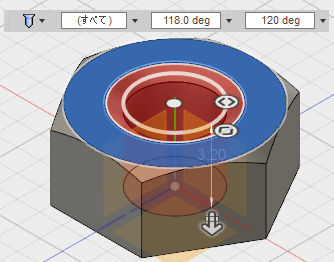 穴を開ける面を選択して、穴をドラッグして、中心にスナップさせます。 穴を開ける面を選択して、穴をドラッグして、中心にスナップさせます。