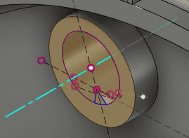 構築ドロップダウンから、点の位置で面に垂直な軸を選択します。穴の中心に軸を作成します。 構築ドロップダウンから、点の位置で面に垂直な軸を選択します。穴の中心に軸を作成します。