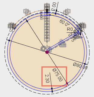 直径75mmの円と2.3mm内側の円を描きます 直径75mmの円と2.3mm内側の円を描きます