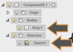 関連するスケッチ、ボディと構築ジオメトリーは、そのコンポーネントの中に含まれています。 関連するスケッチ、ボディと構築ジオメトリーは、そのコンポーネントの中に含まれています。