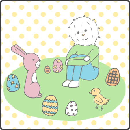 f:id:logequal:20160326212810p:plain イースターの日、ウサギと卵に囲まれたイコール君