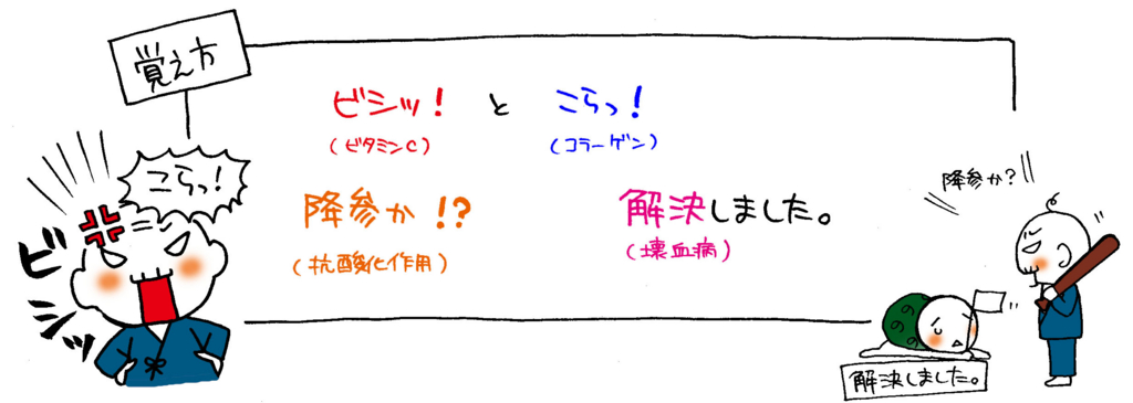 ビタミンCの働きと欠乏症状の覚え方イラスト