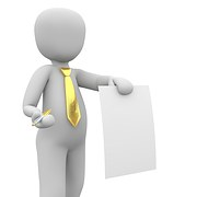 黄色いネクタイをして右手にペンを持ち左手で紙を突き出しているCG画