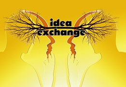 向かい合った人の脳神経がつながっているようなidea exchangeと書かれたシルエット