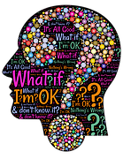 人の横顔のシルエットに大きなクエスチョンマークがありその中に色とりどりのドットがあり周りにはたくさんの英単語が書かれている