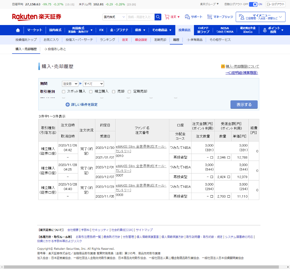 投資信託の購入履歴