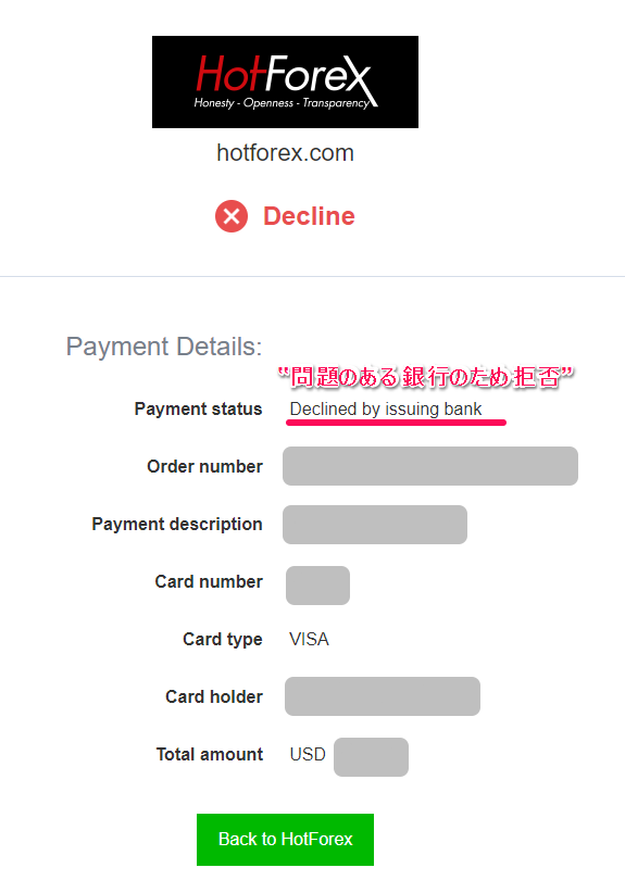 HotForex【VISA】クレジットカード入金の失敗例