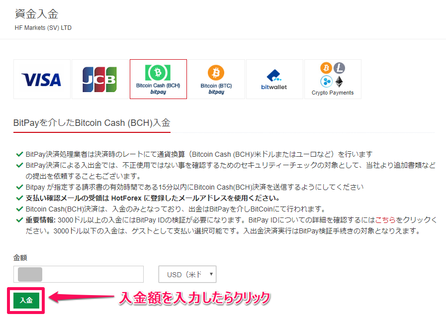 HotForex【BCH】BitPay入金