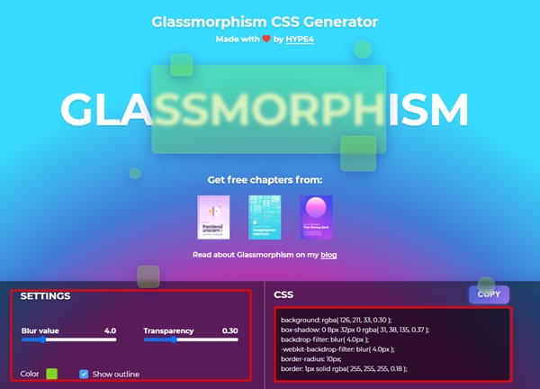 "Glassmorphism CSS generator"