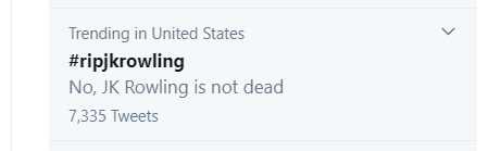 f:id:AgentScully:20200919064428j:plain TwitterのUS Trending欄、「ripjkrowling」
