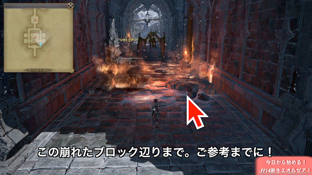 初心者向けストーンヴィジル攻略で、画像は、上からの攻撃の範囲を示している。(FF14)