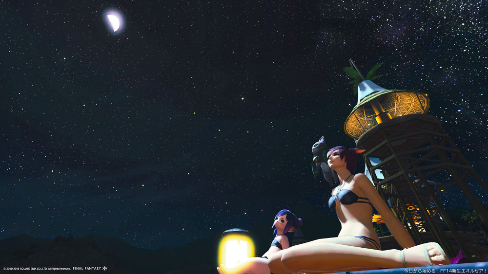 水着のミコッテとララフェルが、コスタデルソルで星空を眺めているところ。(FF14)