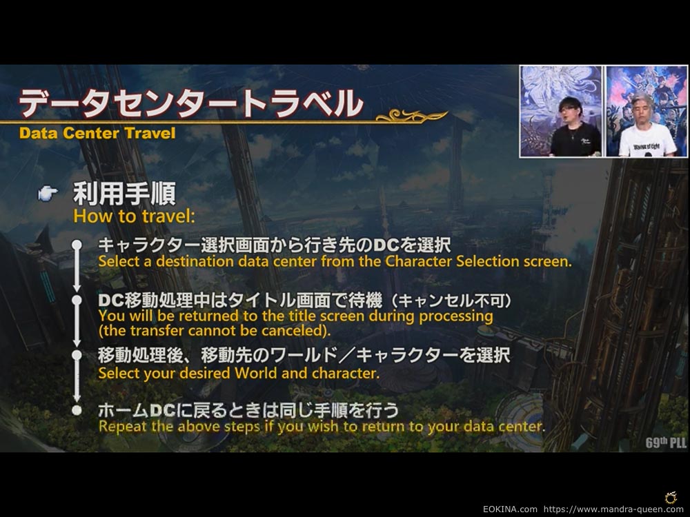 データセンタートラベルをするための手順を説明しているスライド。内容は以下のリスト(PLL69切抜き)(FF14)