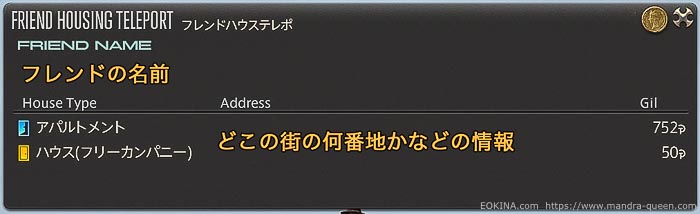 そのフレンドがフレンドハウステレポの許可設定をしているハウジングの物件が表示されている画面(FF14)