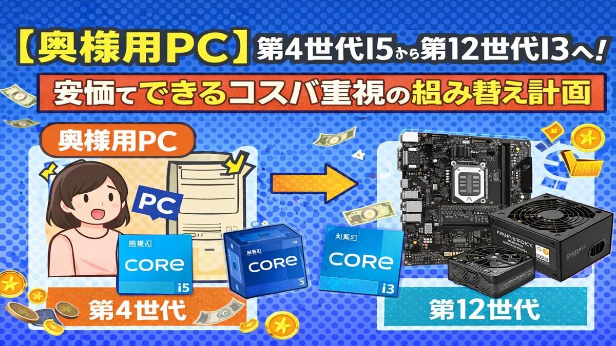 奥様用PC】第4世代I5から第12世代I3へ！安価でできるコスパ重視のPC