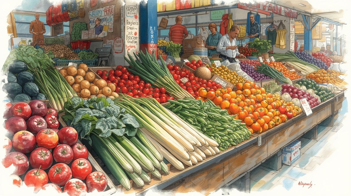 卸売市場に並ぶ新鮮な野菜。農家が市場を選ぶ理由と、売れ残りを減らす仕組みを伝えるイメージ