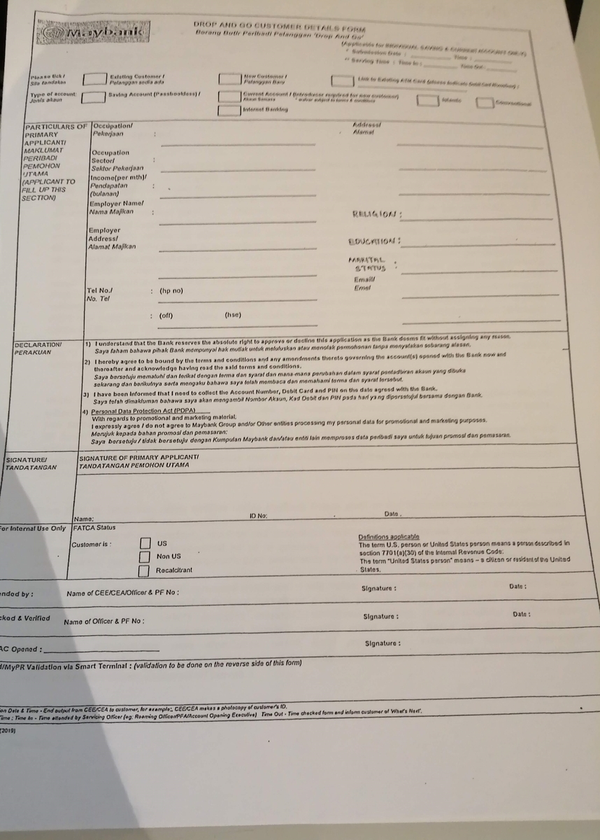 メイバンク銀行 口座開設　申請書類
