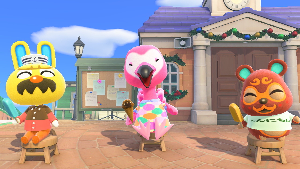 ニンテンドースイッチ あつまれ どうぶつの森 ver.2.0.4 椅子に座っていた住人（モサキチ フララ どぐろう）の画像