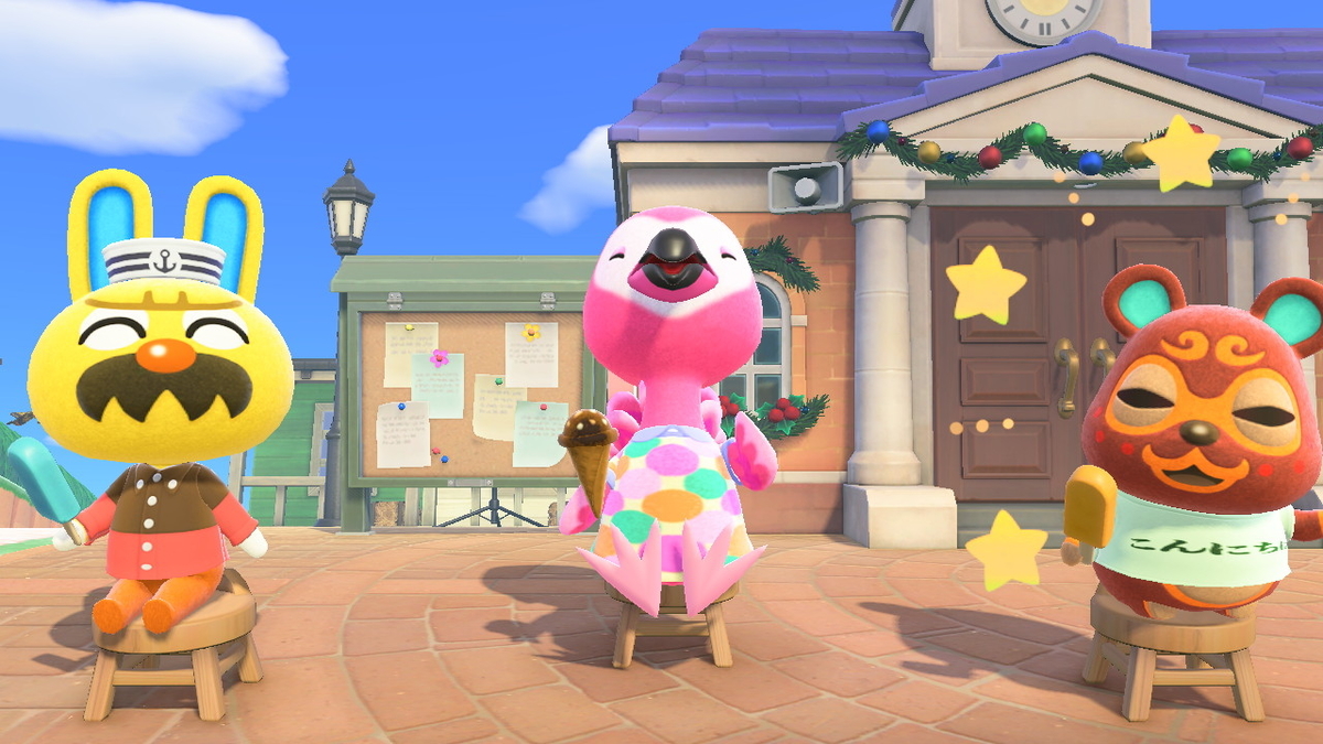 ニンテンドースイッチ あつまれ どうぶつの森 ver.2.0.4 椅子に座っていた住人（モサキチ フララ どぐろう）の画像