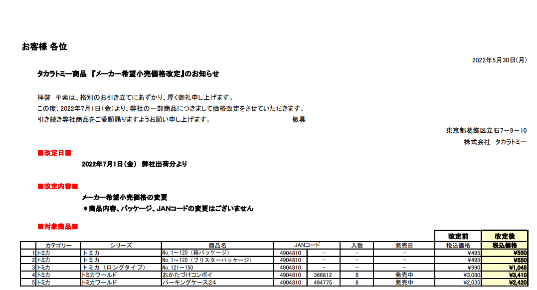2022年7月1日トミカも値上がったらしいです‥(;´Д｀)の画像