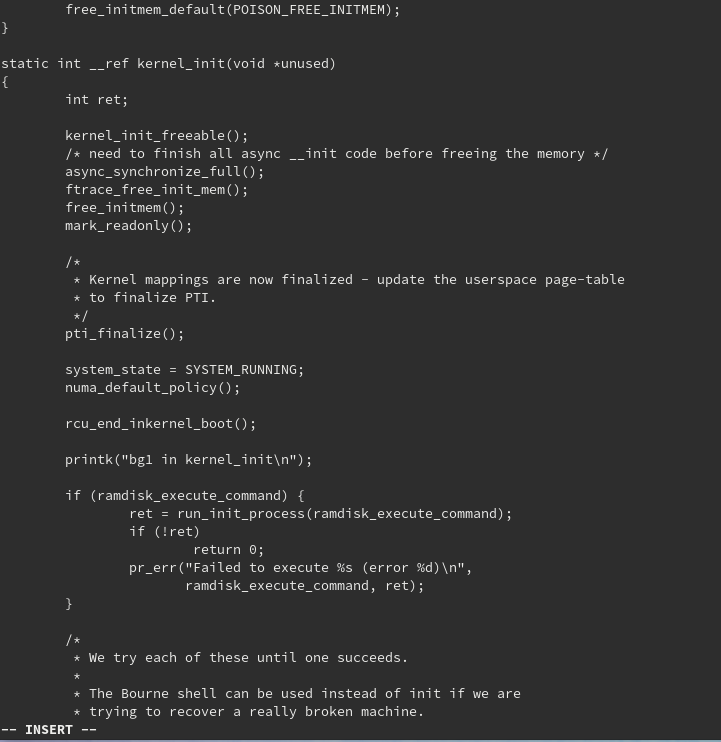 kernel_init関数の中で、printkで"bg1 in kernel_init"と出力。