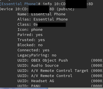 infoのあとにBluetoothアドレス(先頭何文字か入力してあとはタブ補完が効く)で状態が見れる