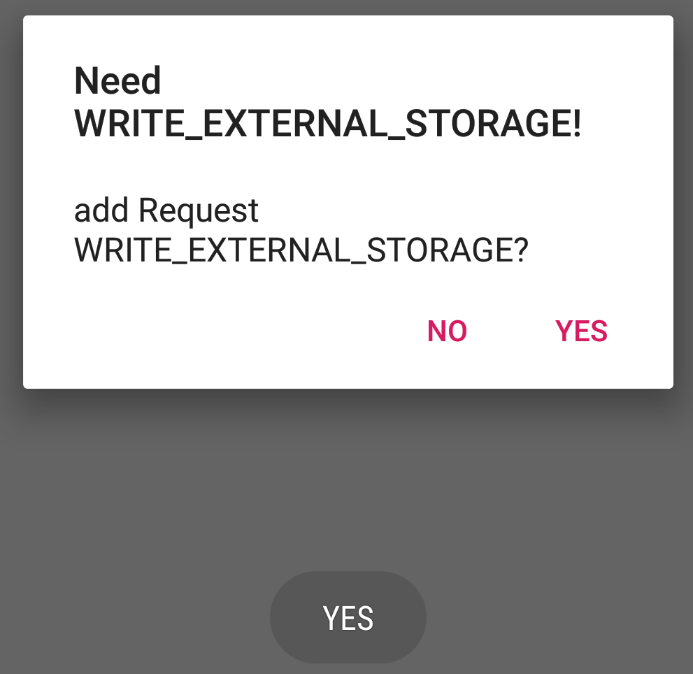 YESを選択されたことはわかるが、リクエスト許可ダイアログは出ない。WRIYE_EXTERNAL_STORAGEもYES。