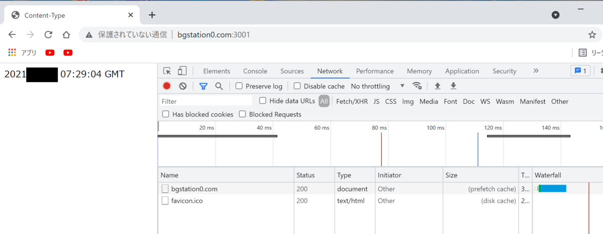 惜しい。本体がprefetch cacheになってる。faviconはdisk cacheだが。