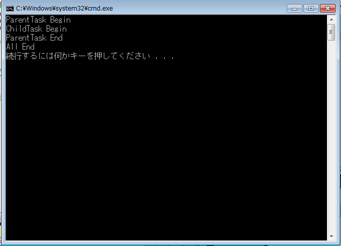 外側のタスクが早く終了してしまうので、内側のタスクの"ChildTask End"まで到達しない。