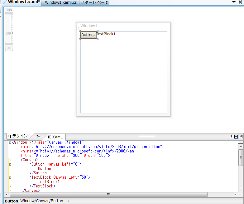 TextBlock1は、Canvas.Leftが50なので、Canvas左端から50の位置。