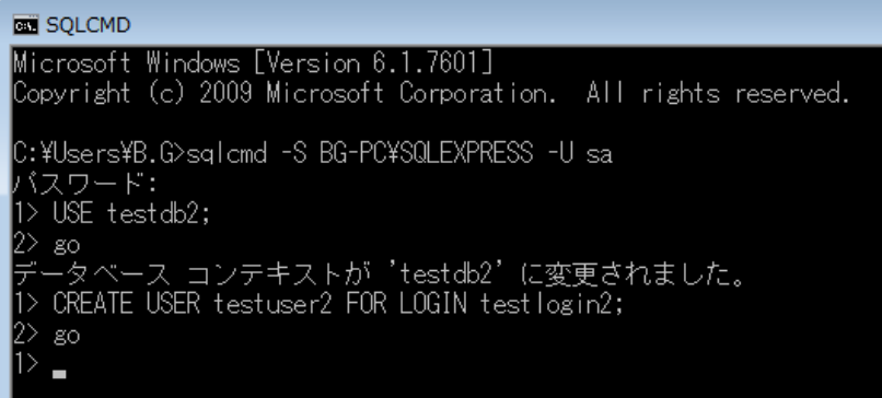 CREATE USERでtestlogin2に紐付くtestuser2を作成。