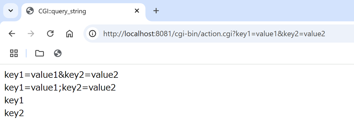 URLバーや、$ENV{'QUERY_STRING'}が、パラメータをアンパサンド'&amp;'で繋いでいるのに対し、$q->query_stringはセミコロン';'で繋いでいる。