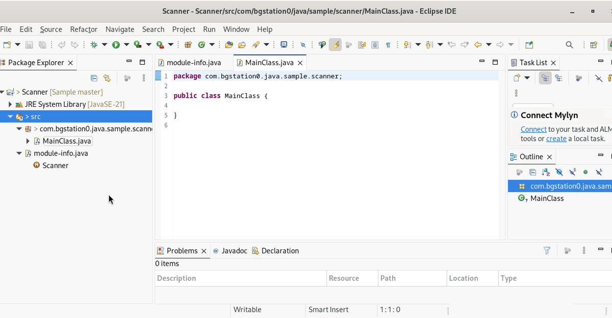こんな感じでMainClass.javaが追加される。