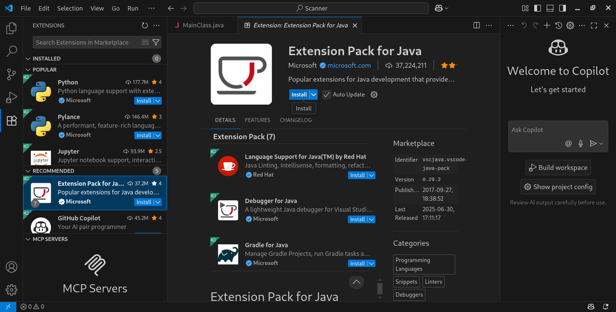 Extension Pack for Javaを入れる。