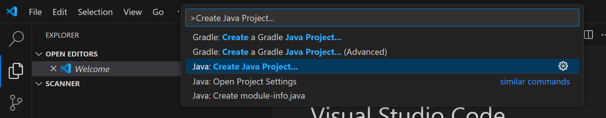 Ctrl + Shift + Pでコマンドパレットを開いて、Create Java Project