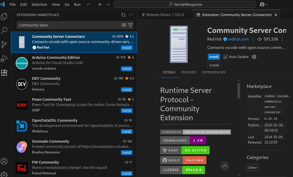 Tomcat for Javaは非推奨なので、Community Server Connectorsを入れる。