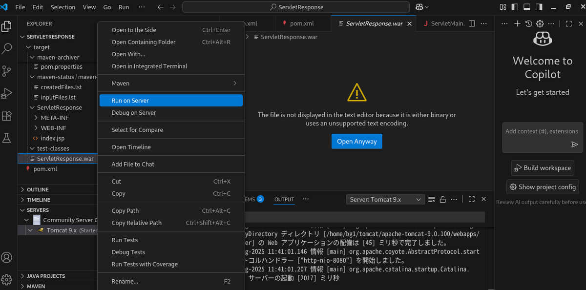 warファイル右クリックでRun on Server