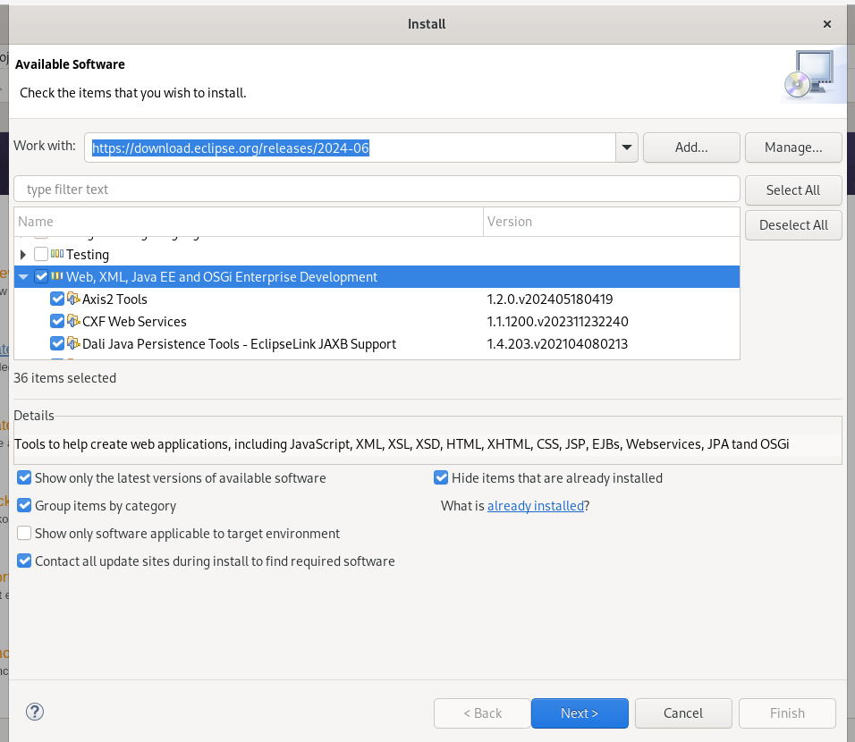 Dynamic Web Projectを作るにはこの辺にチェック入れてインストール