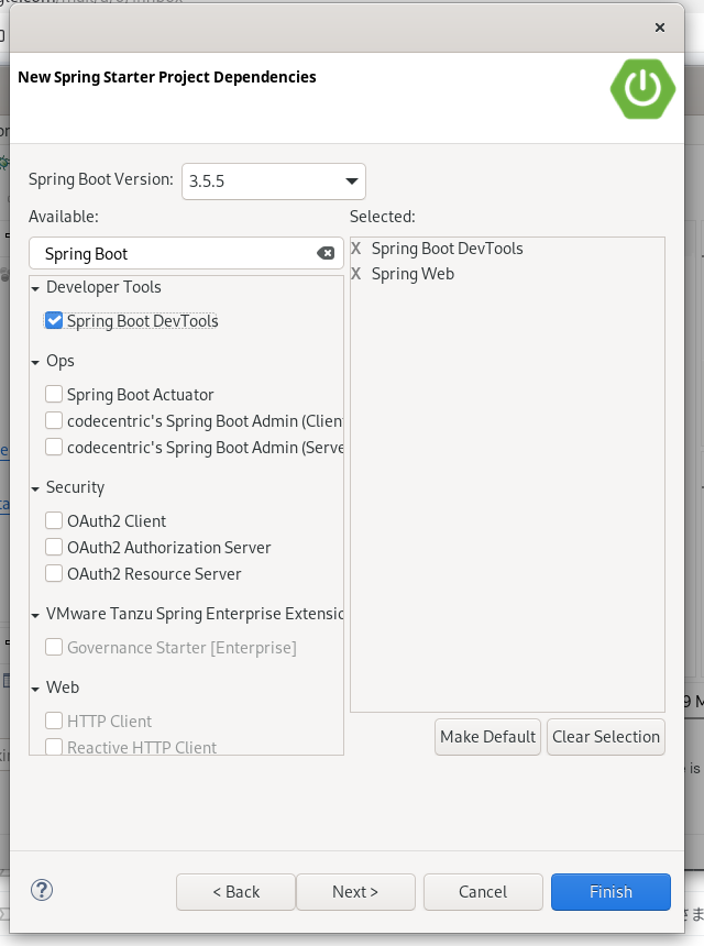 Spring WebとSpring Boot DevToolsを選んでNext