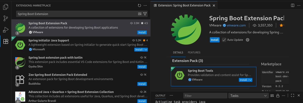 まずSpring Boot Extension Packを入れる。