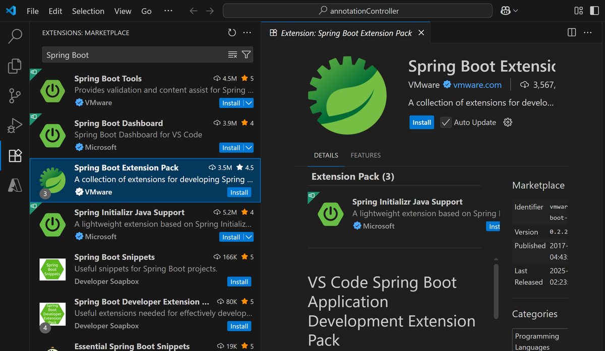 Spring Boot Extension Packを入れる。