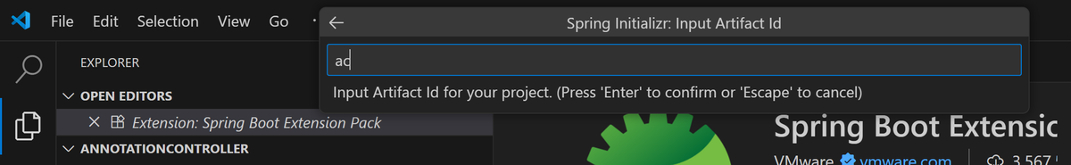 Artifact Idがたぶん基本はプロジェクト名だが、命名規則が厳しいので、小文字で始まるacで。
