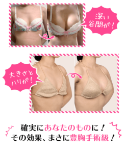 バスティーメイクナイトブラを使い、使う前と後の、バストUP状況の証拠写真。