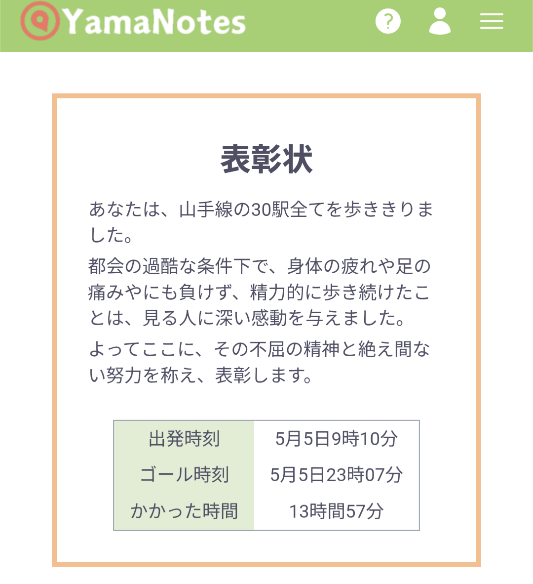 徒歩で山手線一周、YamaNotesリザルト画面