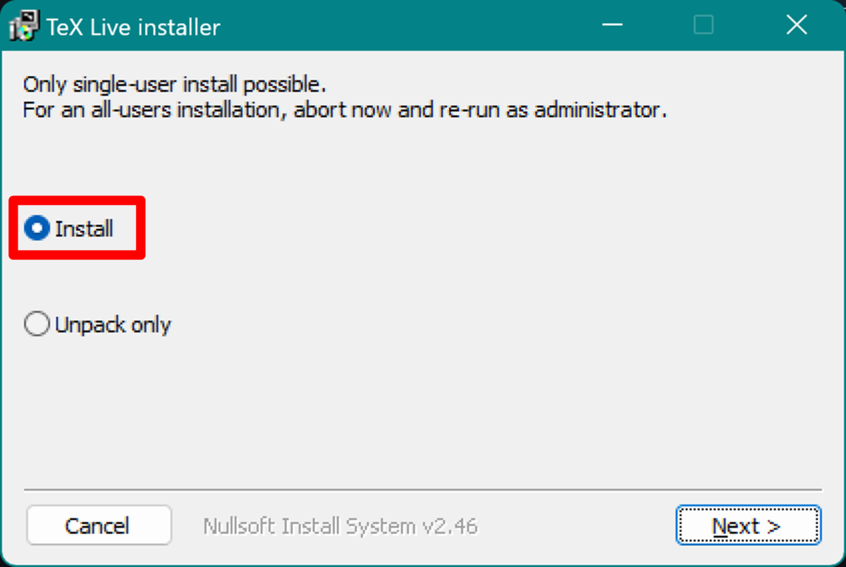 インストーラ画面 installを選択する