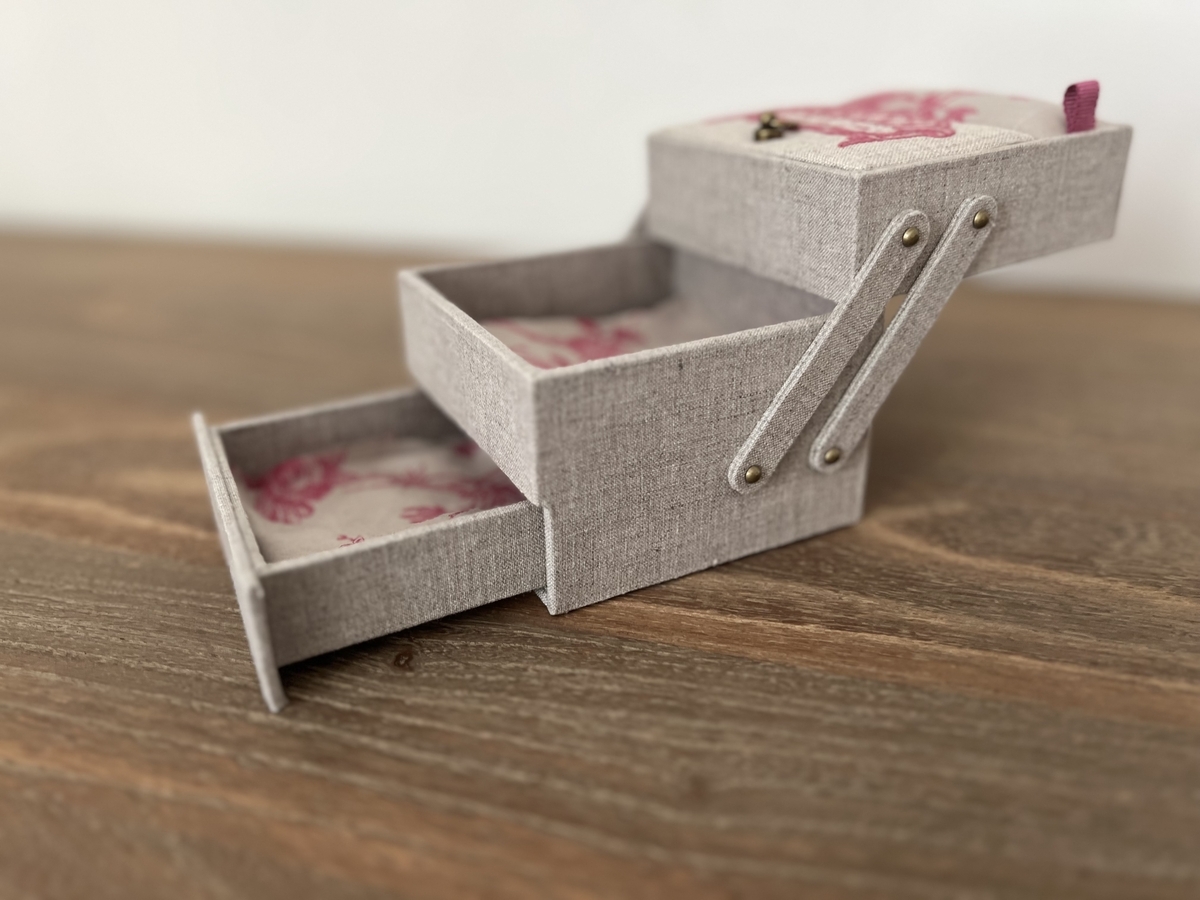 小さなお裁縫箱の上段と引き出しを開けた状態で横の角度から