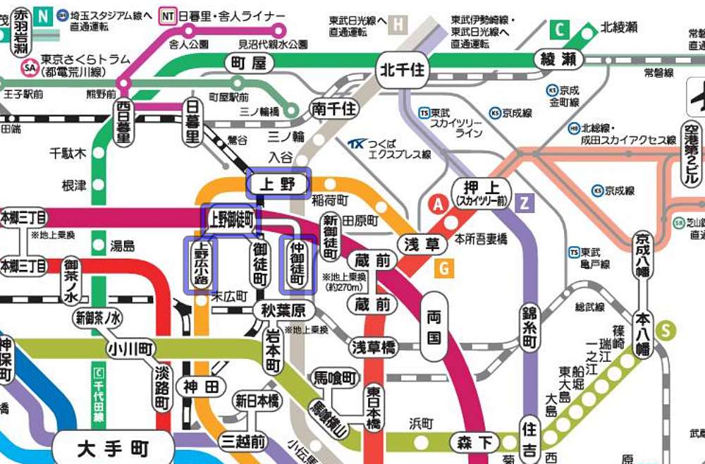 仲御徒町駅、上野広小路駅、上野御徒町駅、上野駅周辺の路線図