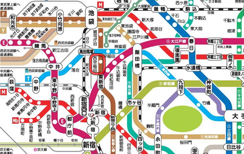 西早稲田駅周辺の路線図