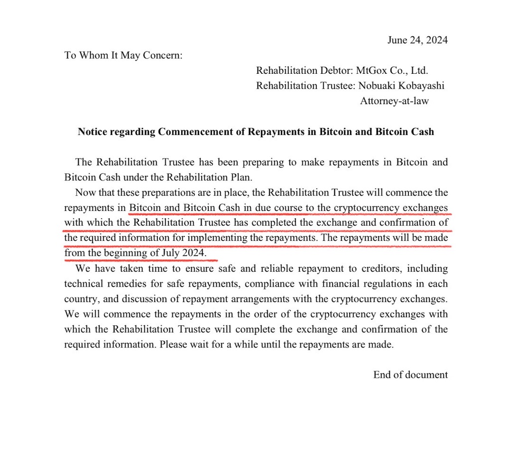 破綻したMt.Gox、7月に返済開始を発表 - BTCは62,000ドルを割り込む事態に - FIntCrypto