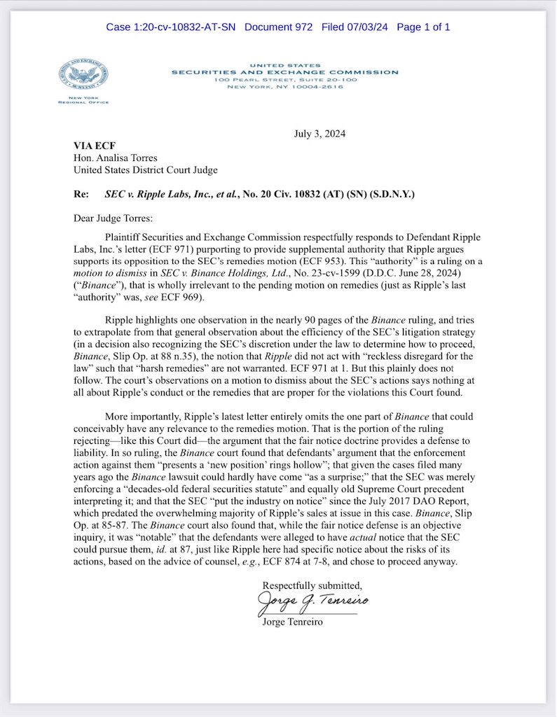 SEC、リップルの補足的法的根拠を一蹴：Binance裁判の判決は無関係と主張 - FIntCrypto